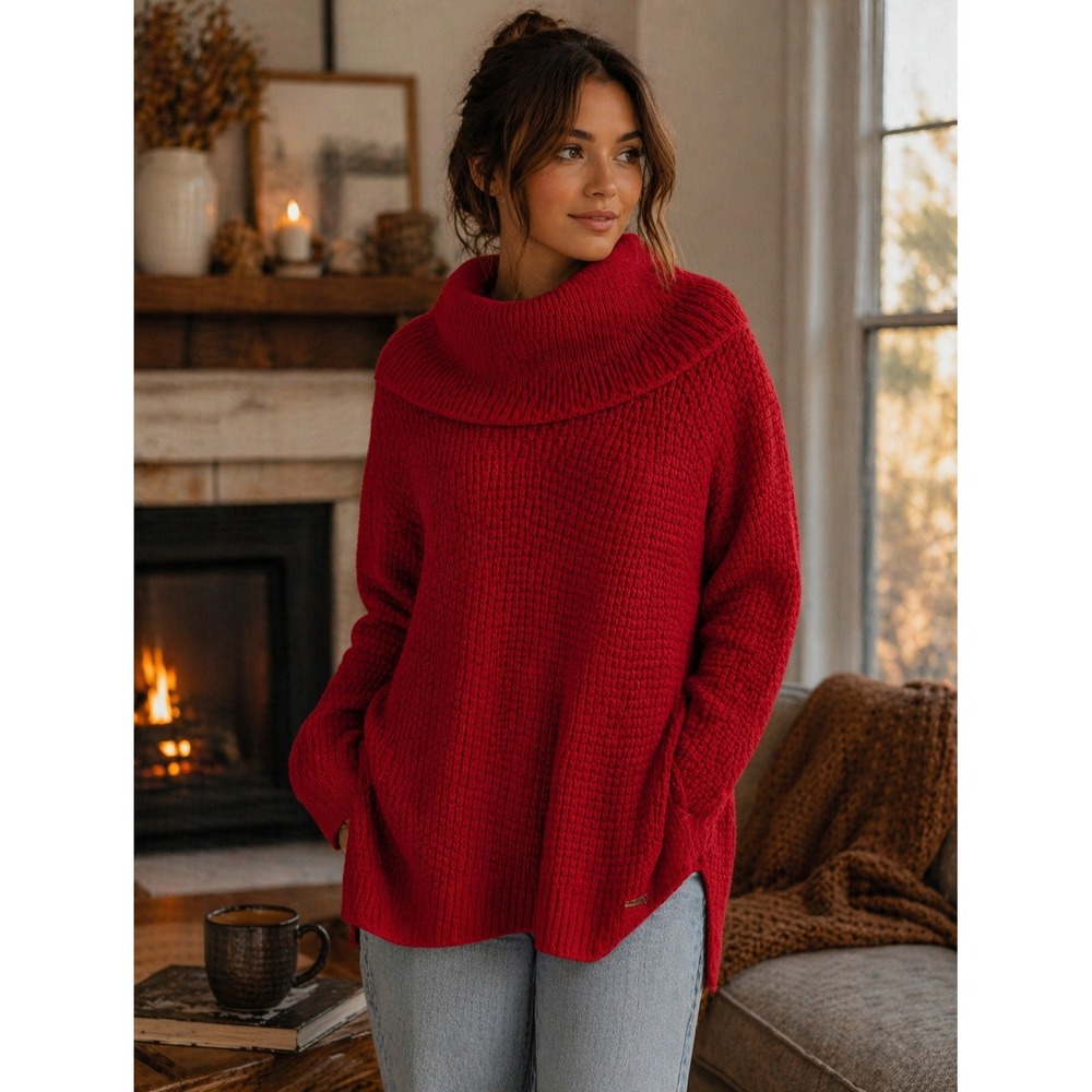 Michael Kors Womens Red Waffle Knit Cowl Neck Pullover Sweater Minimalist Luxury